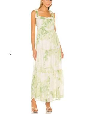 Line + Dot Green Tropical Maxi Dress SMALL Tiered Ruffle Cottage Vacation $115